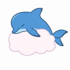 Vector cute dolphin sleeping on clouds isolated on white background. Flat Cartoon Style. Cute Dolphin Cartoon Desing