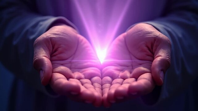 Light through the palms of your hands in ultraviolet, God and religion. Divine light through hand fingers, prophet Muhammad. Prodigy.