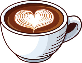 White ceramic cup filled with rich brown coffee featuring latte art heart design style vector illustration EPS file download	