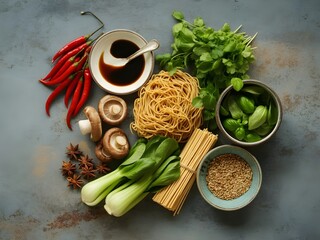 Varied food carbohydrates protein vegetables fruits dairy legumes on wood