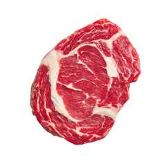 Obraz premium Fresh Raw Ribeye Steak with Marbled Fat and Rich Red Color Isolated on White Background for Culinary Use