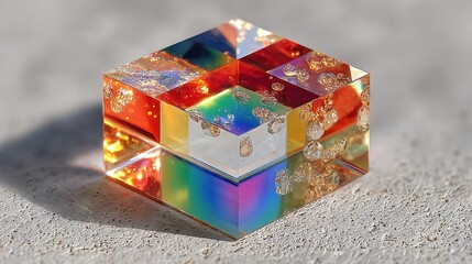 A geometric, cross-shaped crystal prism, reflecting rainbow light on a white background.