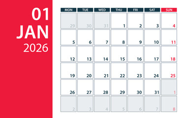 January 2026 Calendar Planner - vector illustration. Template. Mock up