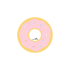 Fototapeta premium A sweet, ring-shaped donut with pink frosting and colorful pastel sprinkles. A simple, flat vector illustration of a delicious pastry.