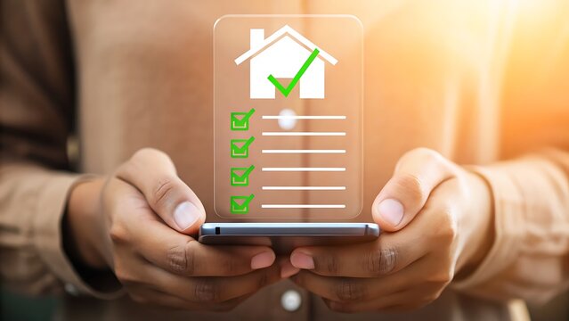 Person holding smartphone displaying a digital checklist with a house icon and checkmarks