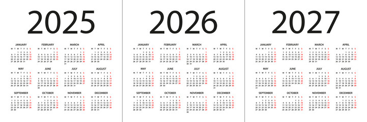Calendar 2025, 2026, 2027 - illustration. Week starts on Monday. Calendar Set for 2025, 2026, 2027 years
