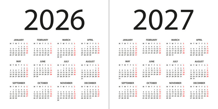 Calendar 2026, 2027 - illustration. Week starts on Monday. Calendar Set for 2026, 2027 years