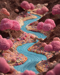 Candy fantasy landscape with river and pink cotton candy trees