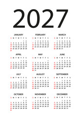 Calendar 2027 - illustration. Week starts on Sunday. Calendar Set for 2027 year
