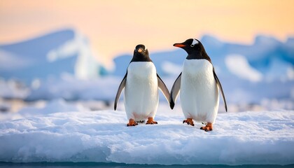 Naklejka premium Two penguins on ice at dawn
