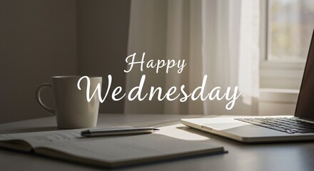 happy wednesday with laptop and coffee
