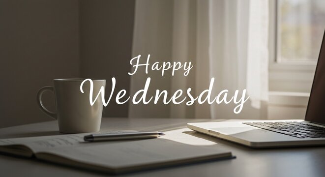 happy wednesday with laptop and coffee