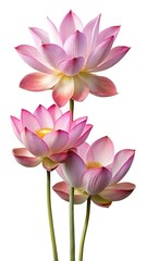 Fototapeta premium Three elegant pink lotus flowers on a clean white background, closeup