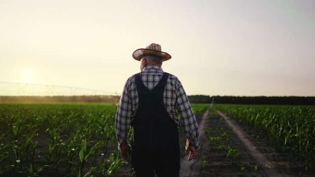 Farmer or agronomist examining huge plantation in ecological region, back view. Following slow motion shot, tired man relaxing after long hard working day in farmland, picturesque landscape in summer