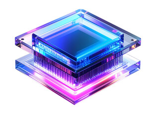 Isometric View of Crystal AI Processor with Light Trails on White, PNG Transparent Background