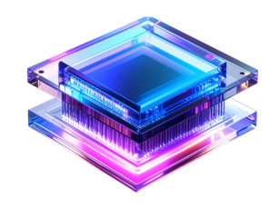 Isometric View of Crystal AI Processor with Light Trails on White, PNG Transparent Background