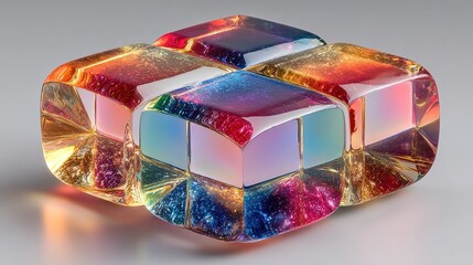 A geometric, cross-shaped crystal prism, reflecting rainbow light on a white background.