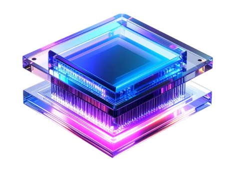 Isometric View of Crystal AI Processor with Light Trails on White, PNG Transparent Background