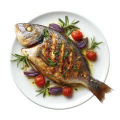 Grilled Fish on Plate with Tomatoes and Herbs Served as Gourmet Meal for Elegant Dining Experience