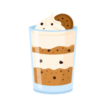 Creamy layered cookie parfait with chocolate chips and whipped cream topping.