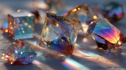 An array of prisms casting light and refraction on the white background