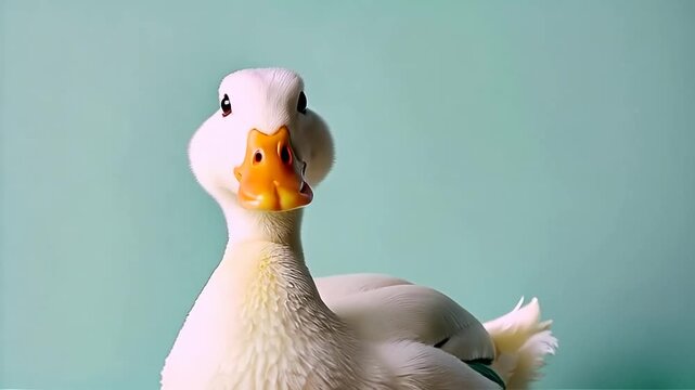 Closeup of a Curious White Duck with Bright Eyes and Orange Beak Against Soft Blue Background