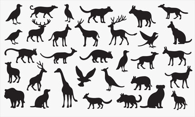 Black vector silhouettes of wild and domestic animals, including running deer, wolf, tiger, dog, cat, and horse, in an icon collection