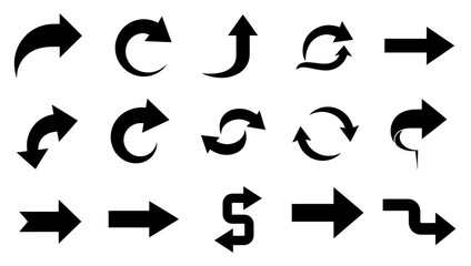 A collection of various black arrow silhouettes vector.