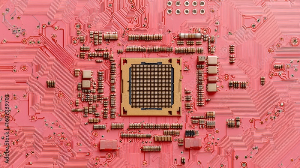 Poster detailed close-up of a red circuit board with microprocessor socket and electronic components for te