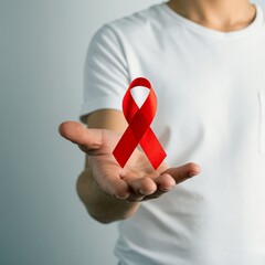 Man Holds Red Ribbon Symbolizing HIV/AIDS Support in Lifestyle Setting - World AIDS Day