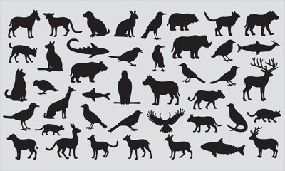 A diverse vector silhouette collection of farm animals and wild mammals like horses, cats, dogs, elephants, tigers, deer, lions, and giraffes