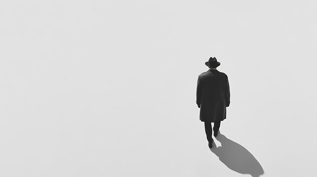 Silhouette of a man walking into the light, evocative and mysterious. Dressed in a fedora and coat, casting a dark shadow in the stark, white space.