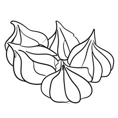 A minimalist line art illustration of a cluster of swirled meringue kisses.