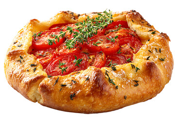 On transparent background a closeup angled view of a goldenbrown tomato and herb galette with a perfectly