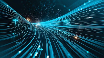 Abstract blue light streaks and data points connecting in a network visualization concept art