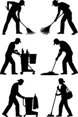 Naklejka premium Cleaning professionals performing various tasks with brooms mops and carts janitor cleaner