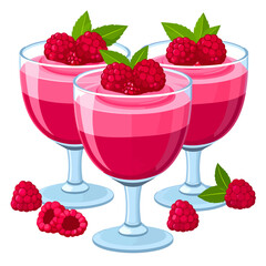 Vibrant pink raspberry mousse desserts in glass coupes, garnished with fresh berries and mint leaves.