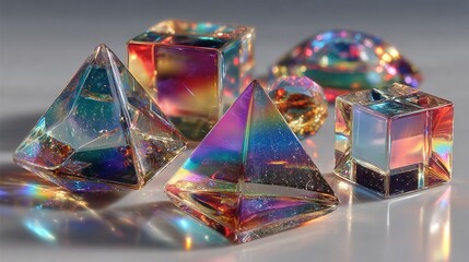 An array of prisms casting light and refraction on the white background