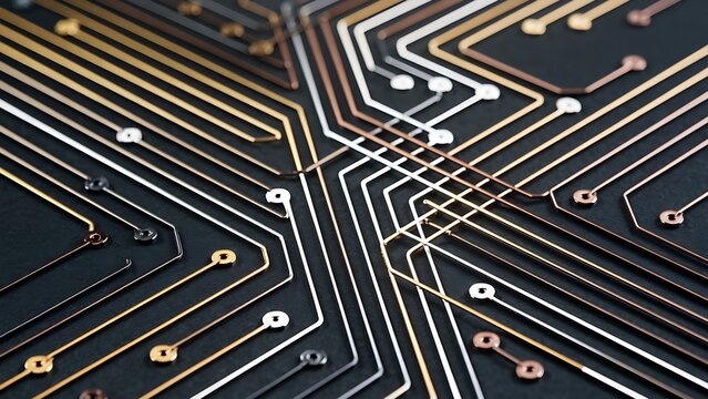 Close up view of an intricate circuit board pattern with gold silver and copper lines on black