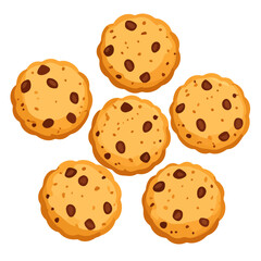 Set of six classic chocolate chip cookies, a delicious golden-brown baked treat illustration with dark chocolate morsels.