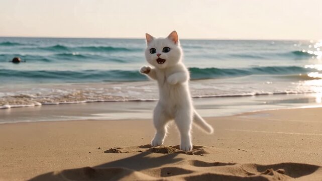 Cat dancing on sunny beach at sunset