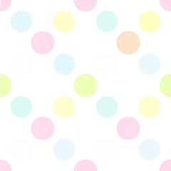 A seamless pattern of soft pastel polka dots, featuring glossy bubble-like highlights on some circles for a playful, gentle design.