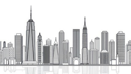 A detailed black and white line drawing of a city skyline with skyscraper reflections on the water