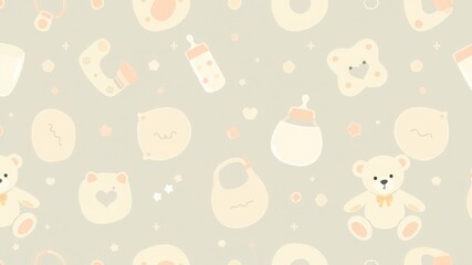A pastel baby pattern featuring teddy bears bottles bibs and other baby related items on a light background