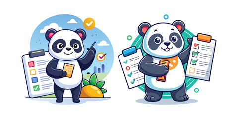 Cute Corporate Panda Approving Marketing Design Drafts Vector Illustration – Office Scene with Creative Teamwork, Branding, and Positive Feedback for Business and Advertising Projects
