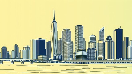 Stylized cityscape illustration featuring skyscrapers, bridge, and water in a light yellow background