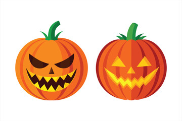Carved halloween pumpkins, one with an menacing, jagged grin and sharp teeth, the other with a friendly, wide smile, both glowing with an inner light, isolated on a white background