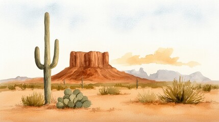 Desert Landscape with Cactus and Rocky Butte in Soft Watercolor Style