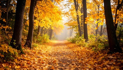 Obraz premium Golden Autumn Forest Path Leading Through Misty Sunlight and Fallen Leaves