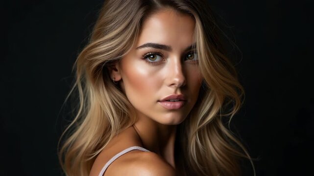 Perfect portrait woman on a black background. Beautiful eyes, Natural beauty clean skin, face and hair care. Strong thick hair. Art Sexy beautiful blonde.